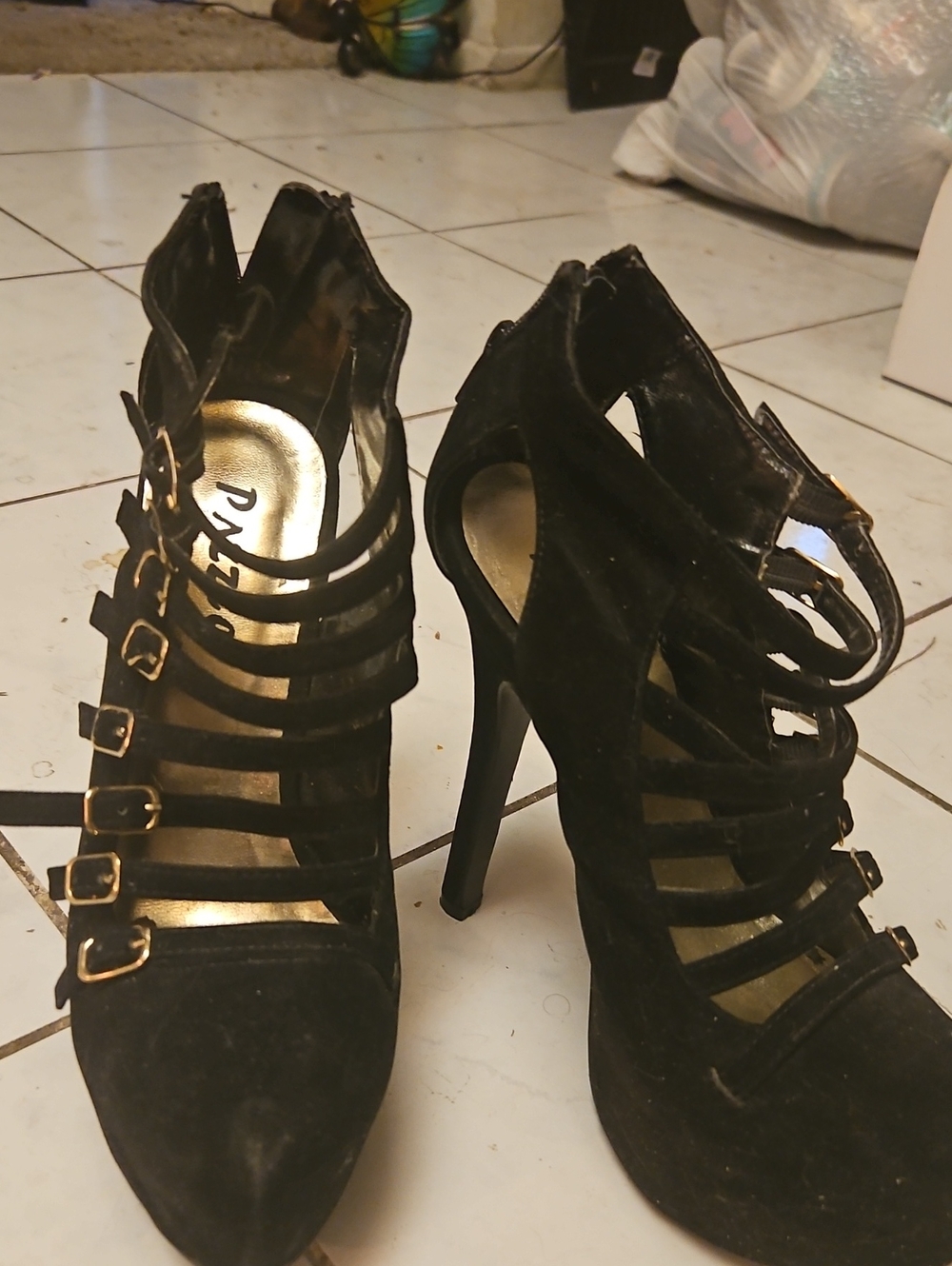 Forever 21 Black Suede  Strappy Stiletto Heels with Gold Buckles